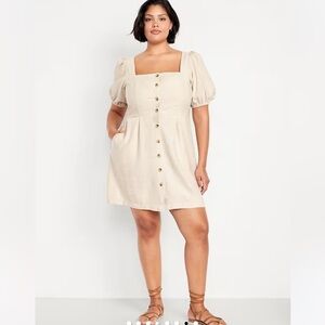 NWT Old Navy Plus 2X Linen Cream Puff Sleeve Mini Dress pockets boho retro